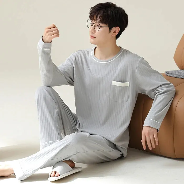 Wiaofellas - Spring Autumn Winter Men's Long-sleeved Lapel Cotton Pajama Sets for Men 3 XL 4XL Korean Version Loose Men Sleepwear Set Boys