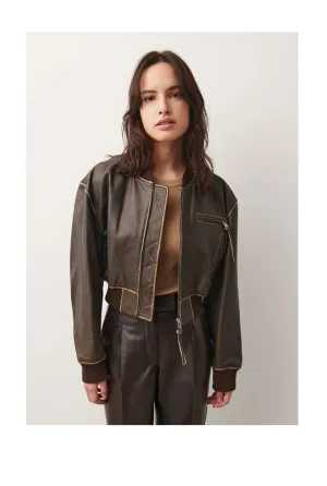 Women Distressed Brown Cropped Vintage Jacket