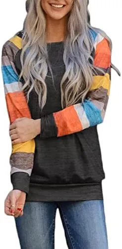 Women Fashion Blouse Color Stripes Hit Color Casual Round Neck Long Sleeve Shirt
