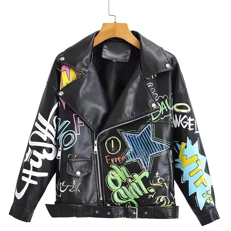 Women's Colorful Print Graffiti Punk Coats Cropped Faux Leather Jacket