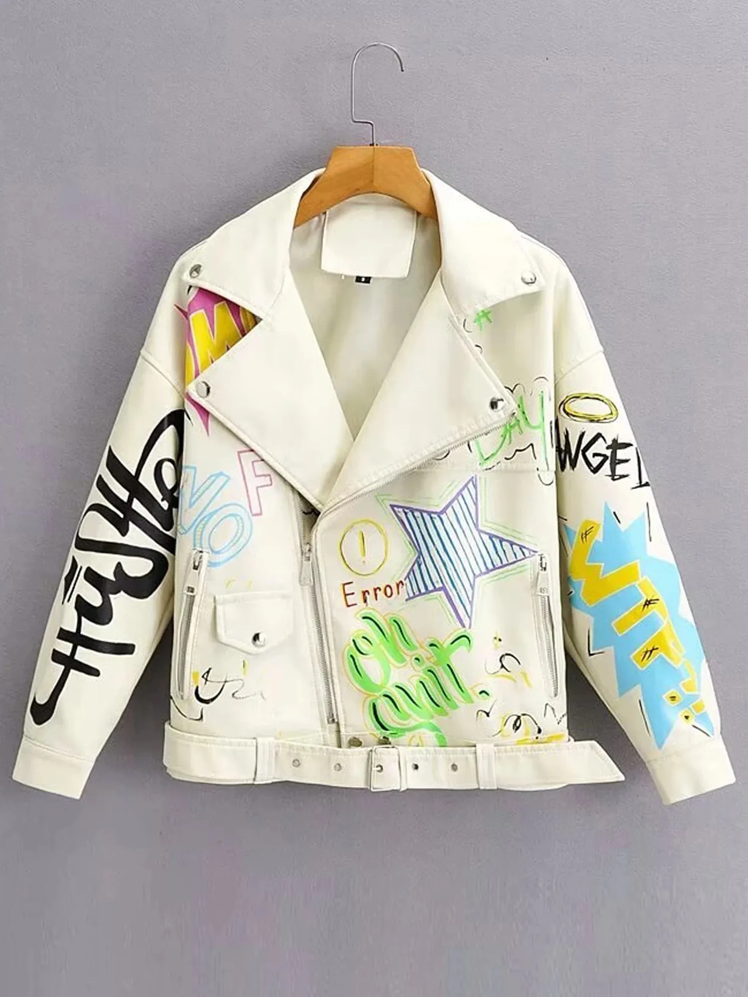 Women's Colorful Print Graffiti Punk Coats Cropped Faux Leather Jacket