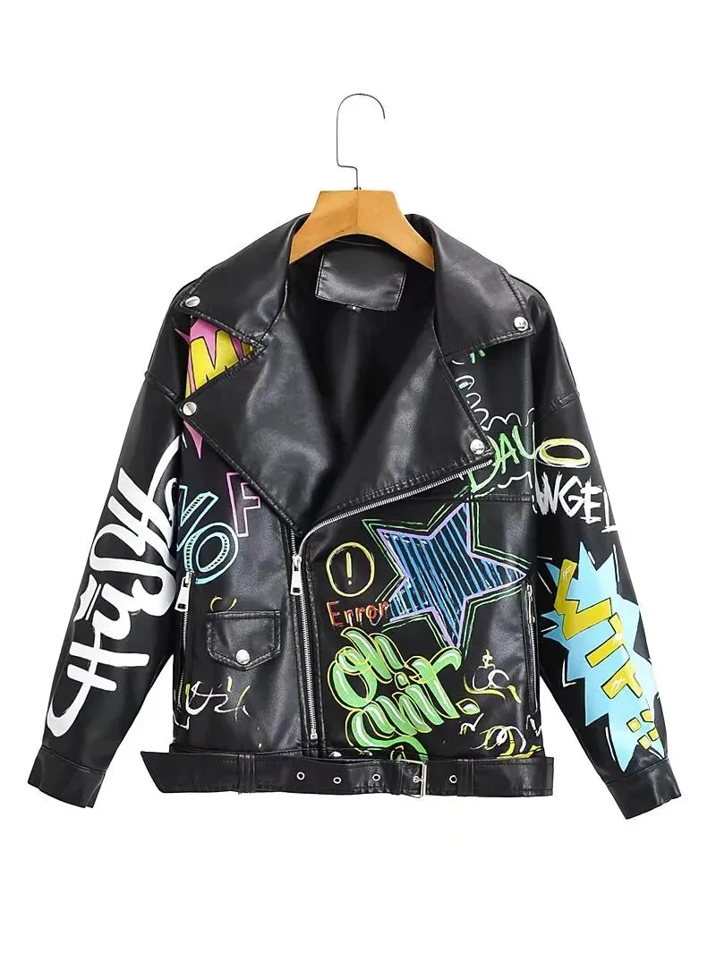 Women's Colorful Print Graffiti Punk Coats Cropped Faux Leather Jacket