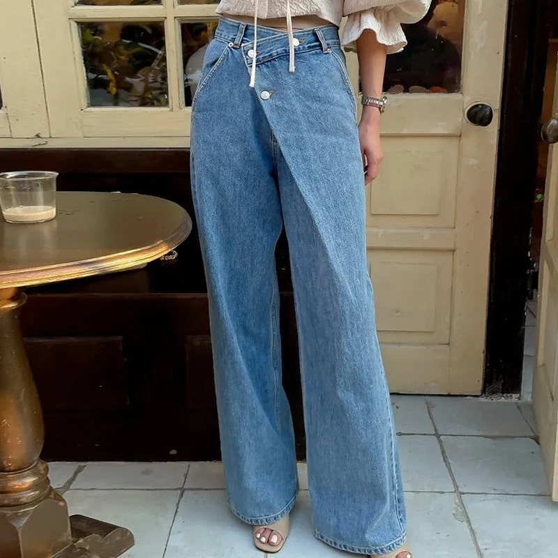 Women's Crossed Over Waist Button Design Wide Leg Jeans