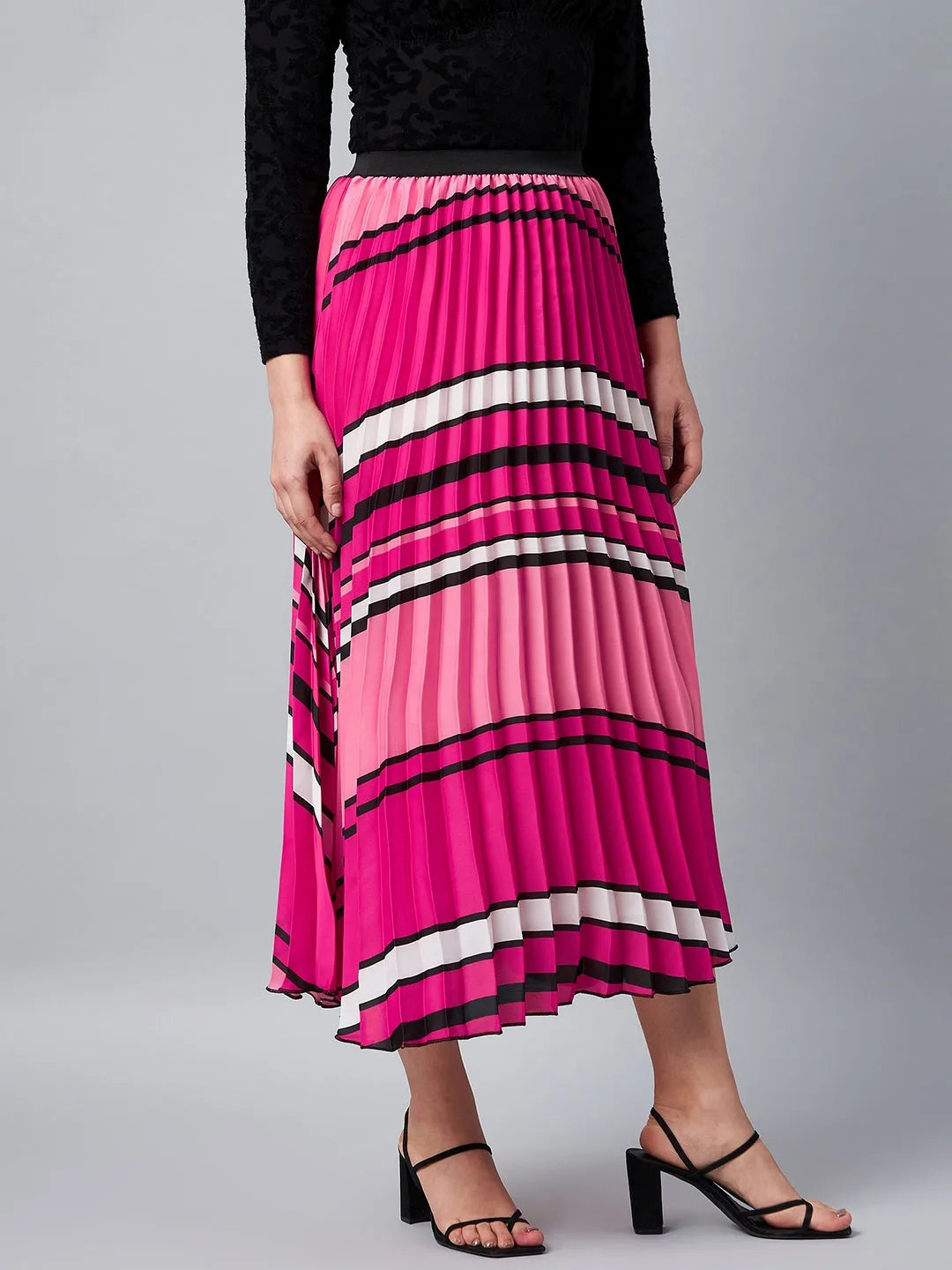 Women's Pink Pleated Satin Skirt - Stylestone