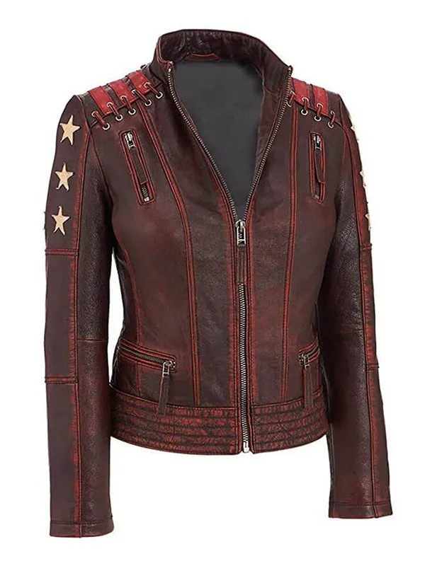 Women's Stars and Stripes Aged Brown Vintage Leather Jacket